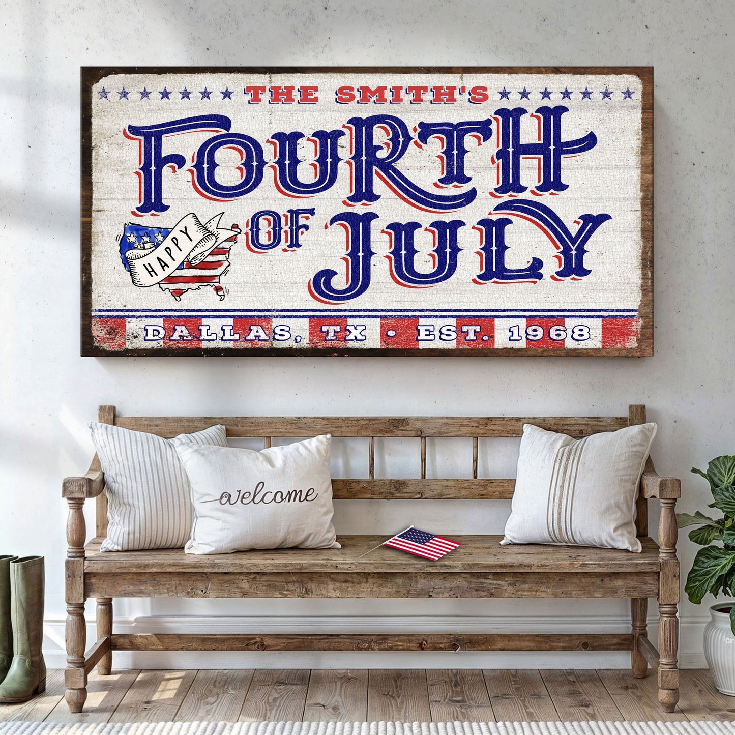 4th of July personalized welcome sign canvas by Tailored Canvases, vintage typography on Tampa Home & Garden Store