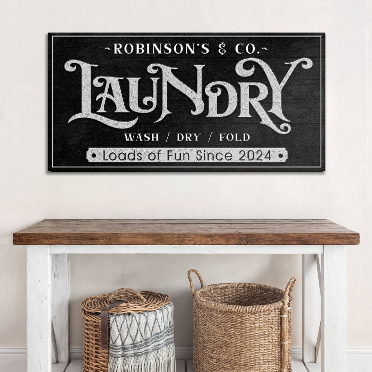 Laundry Room Sign V canvas by Tailored Canvases, black rustic plaque with ornate white lettering on Tampa Home & Garden Store