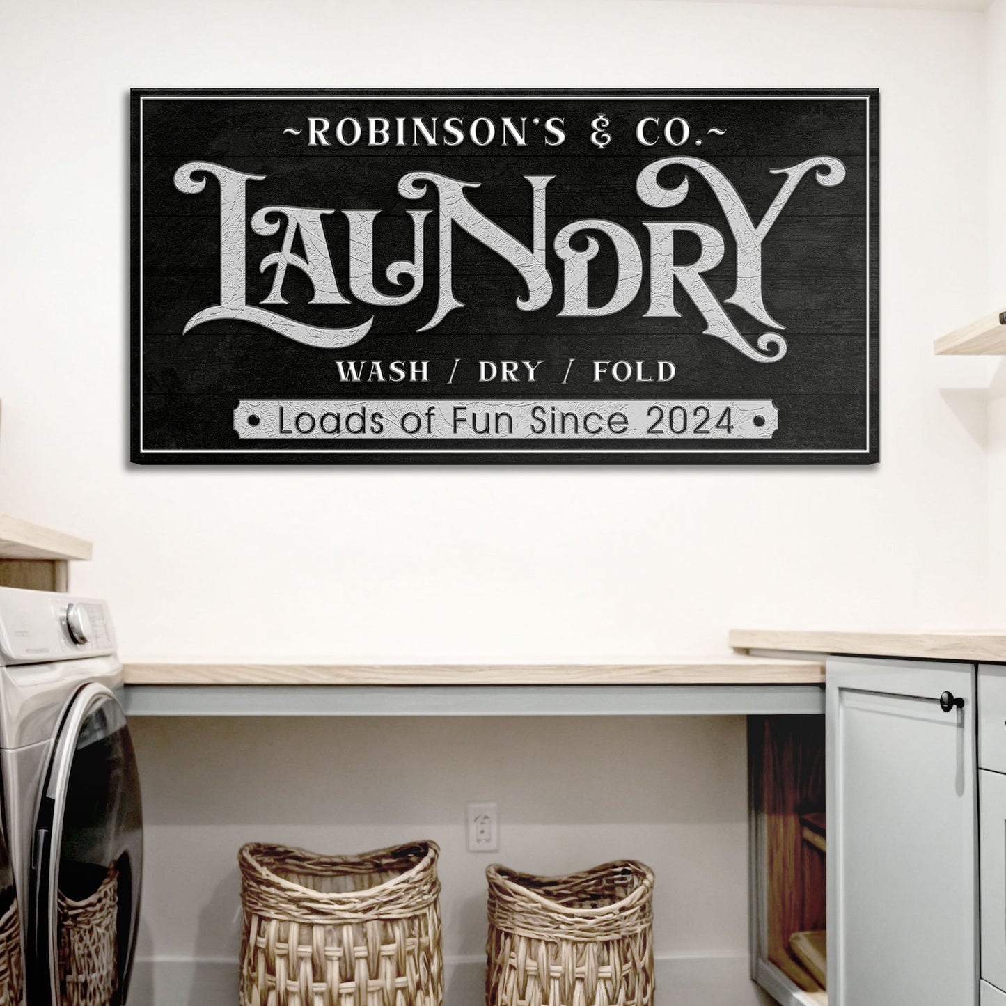 Laundry Room Sign V canvas by Tailored Canvases, black crafting canvas with ornate white typography on Tampa Home & Garden Store