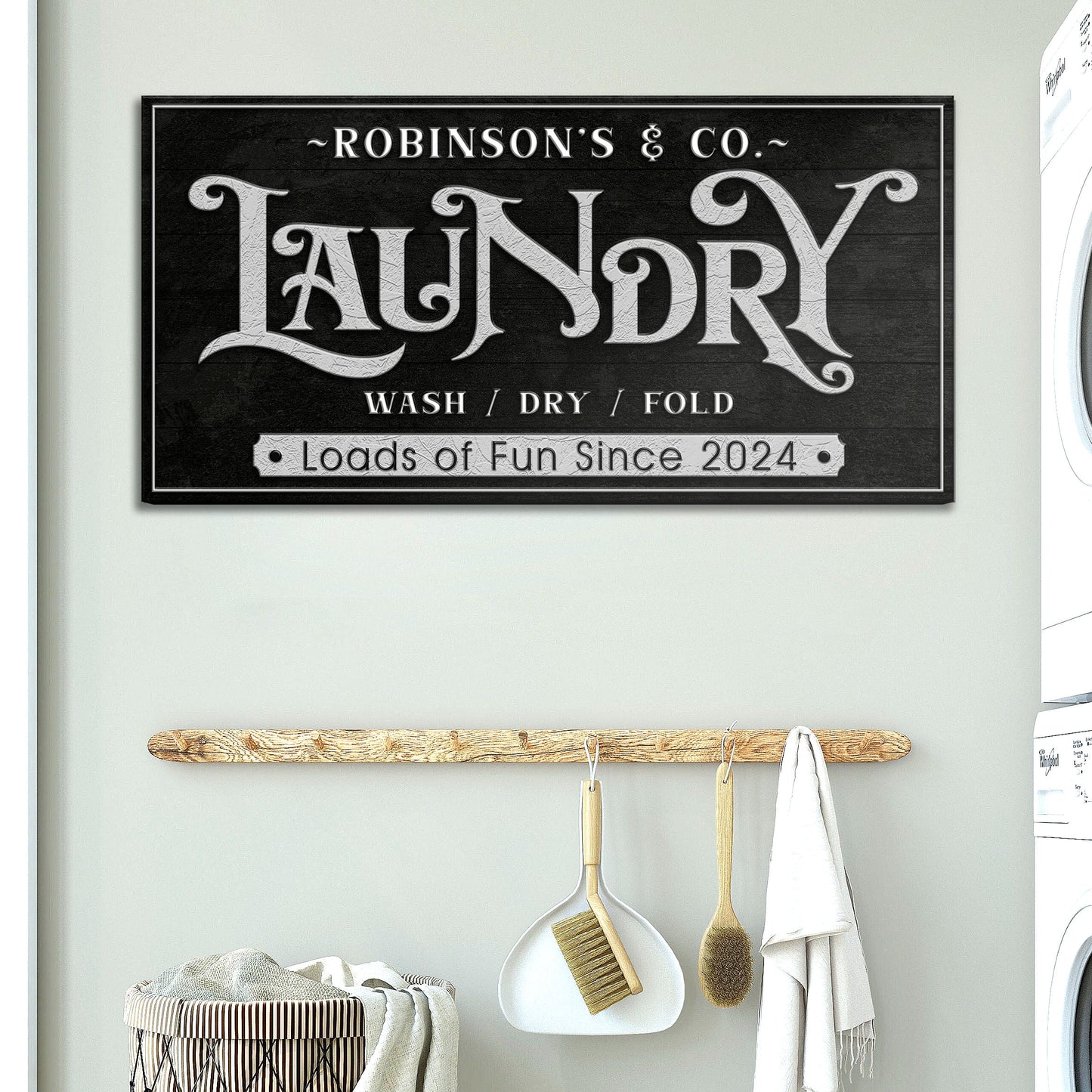 Laundry Room Sign V canvas by Tailored Canvases, black background with white lettering on Tampa Home & Garden Store