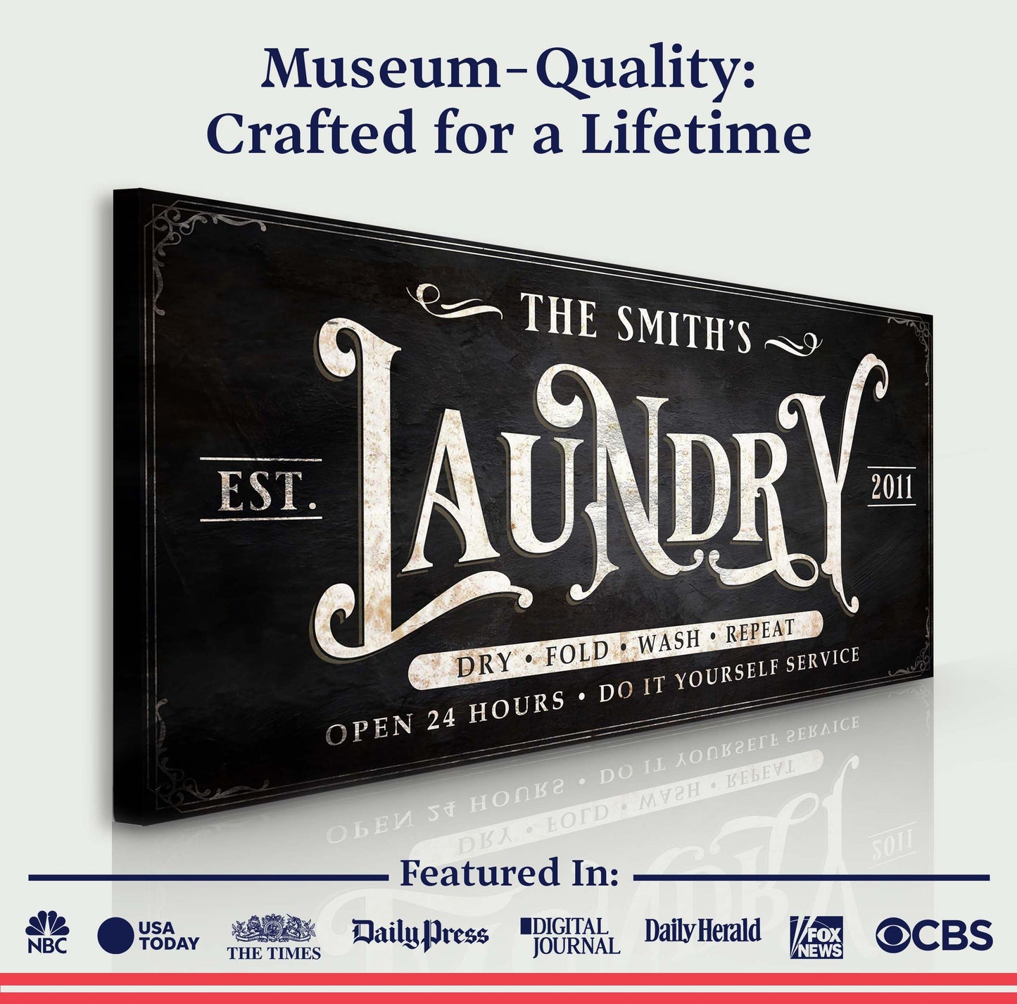 Laundry Sign IV Canvas by Tailored Canvases; black vintage sign with cream typography on Tampa Home & Garden Store