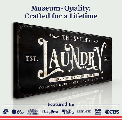 Laundry Sign IV Canvas by Tailored Canvases; black vintage sign with cream typography on Tampa Home & Garden Store