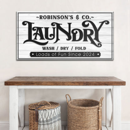 Laundry Room Sign IX canvas by Tailored Canvases, whitewashed wood panel with typography on Tampa Home & Garden Store