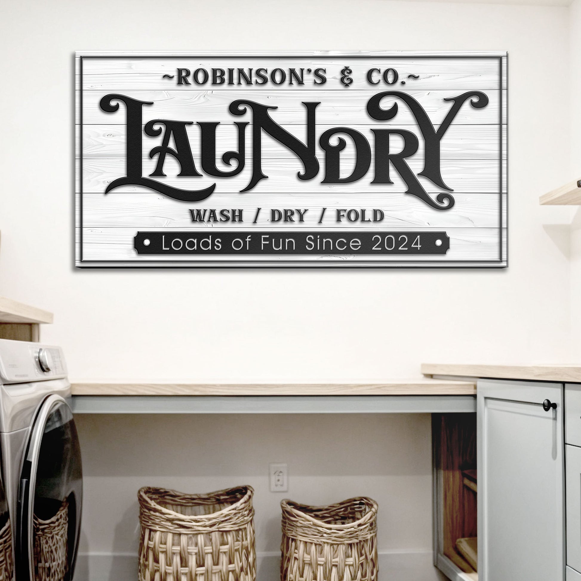 Laundry Room Sign IX canvas by Tailored Canvases on whitewashed wood with bold lettering on Tampa Home & Garden Store