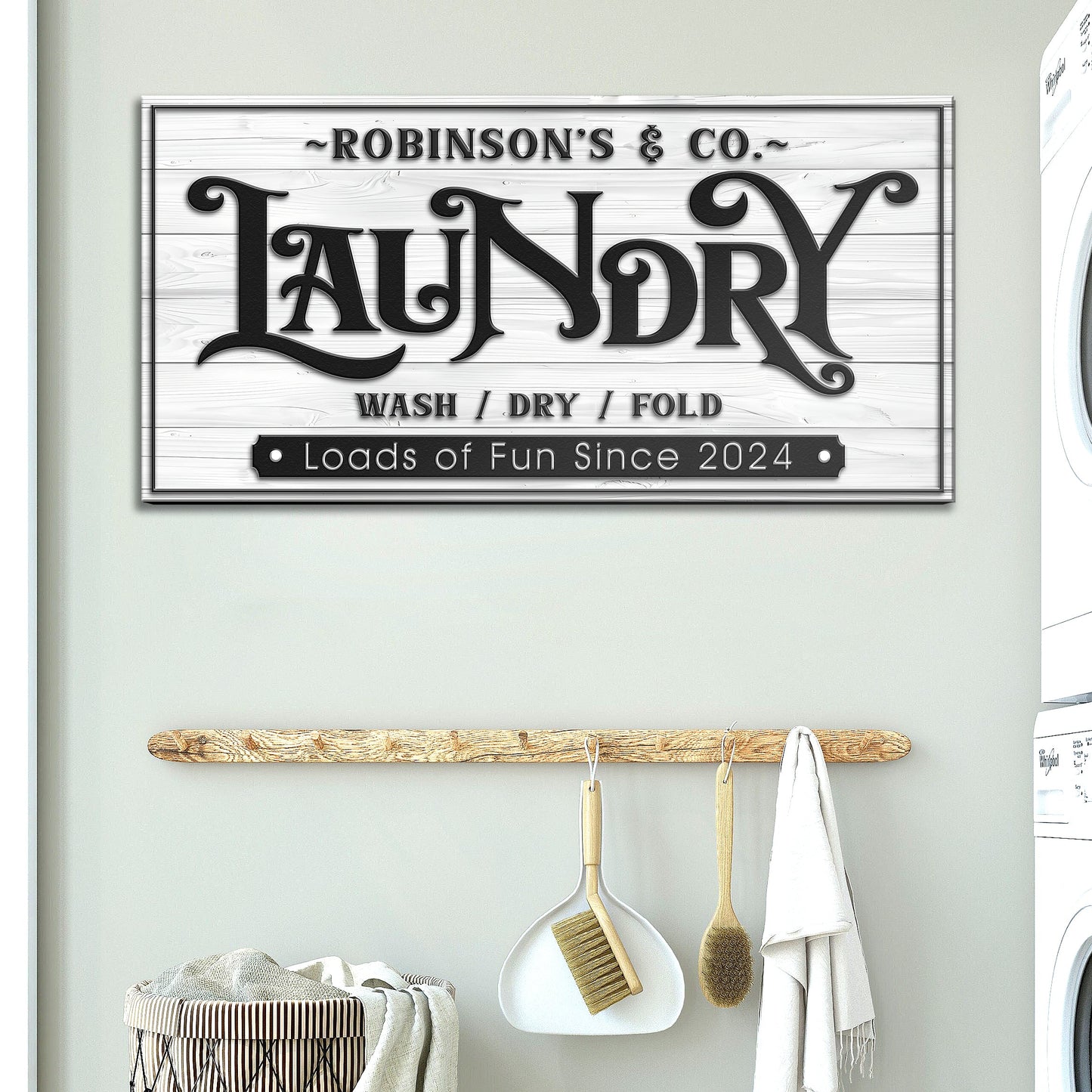 Laundry Room Sign IX canvas on whitewashed wood with black lettering Tailored Canvases on Tampa Home & Garden Store