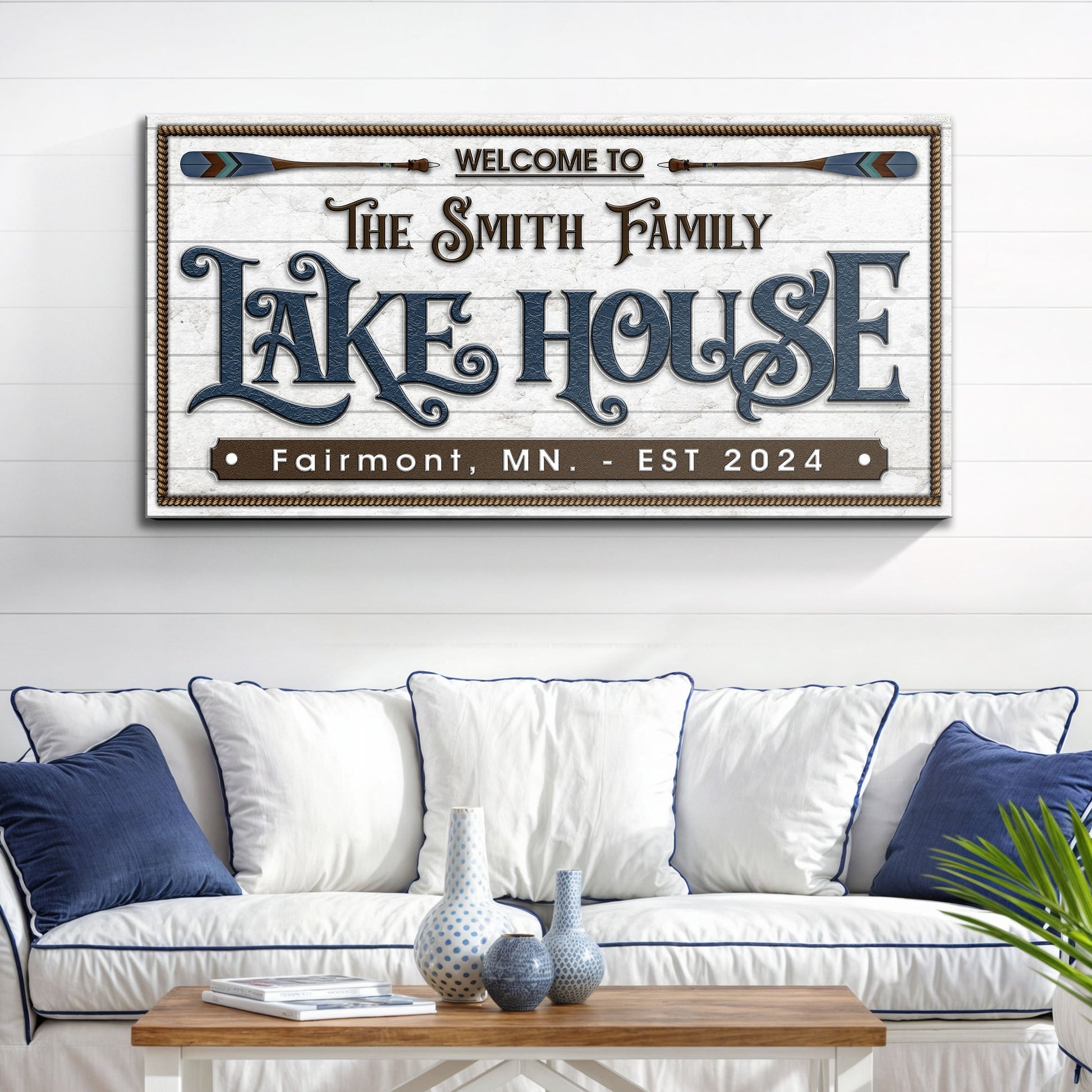 Lake House Sign XII canvas by Tailored Canvases with navy lettering on white background on Tampa Home & Garden Store