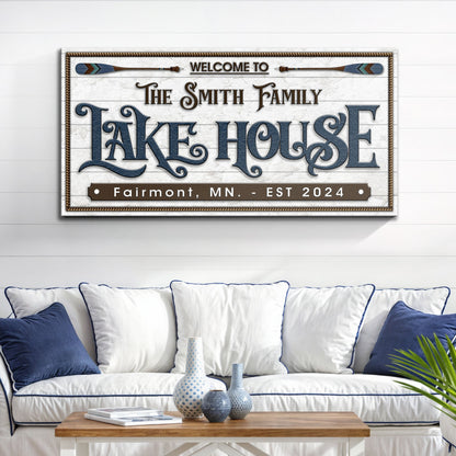 Lake House Sign XII canvas by Tailored Canvases with navy lettering on white background on Tampa Home & Garden Store