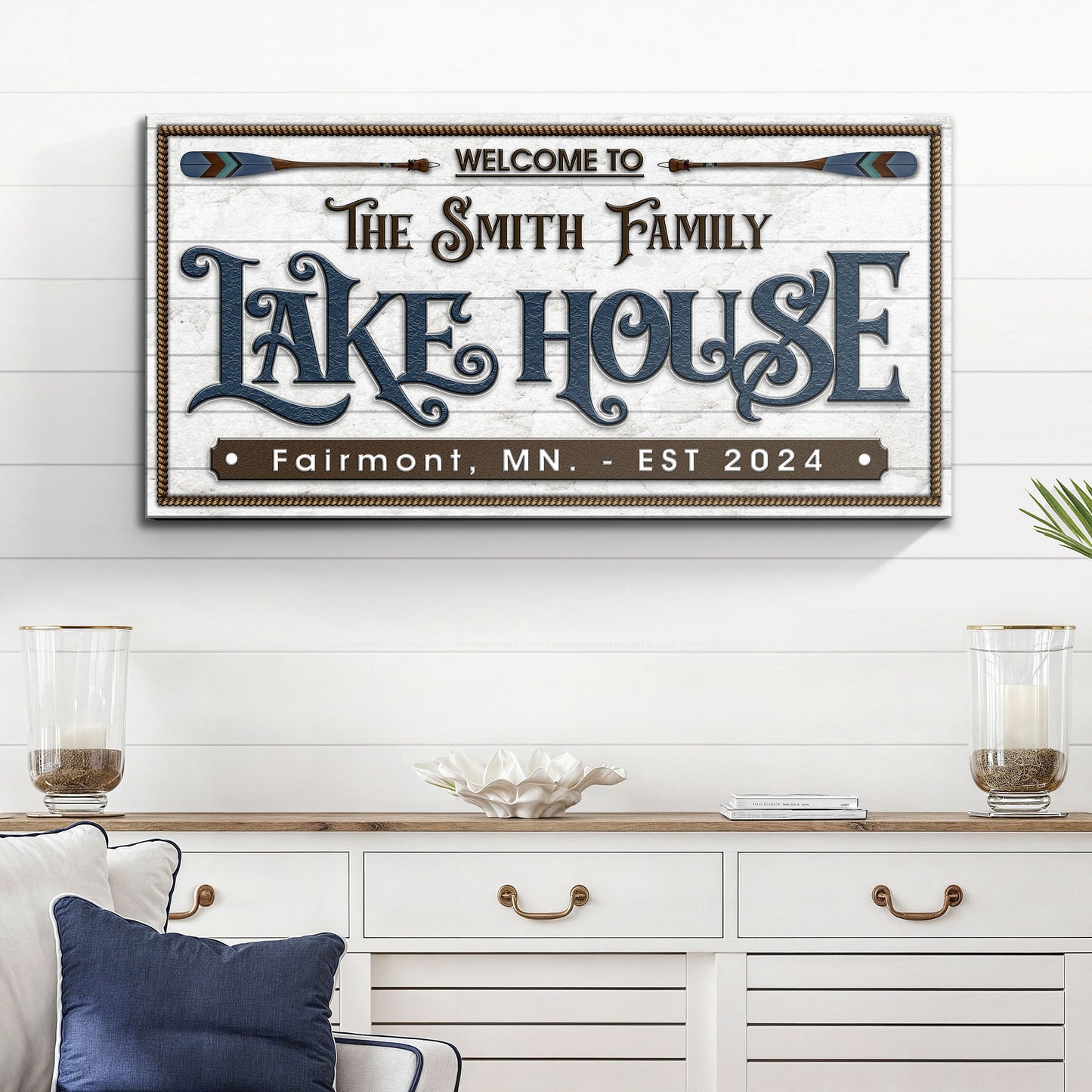 Lake House Sign XII canvas sign by Tailored Canvases with rope border and blue ornate letters on Tampa Home & Garden Store