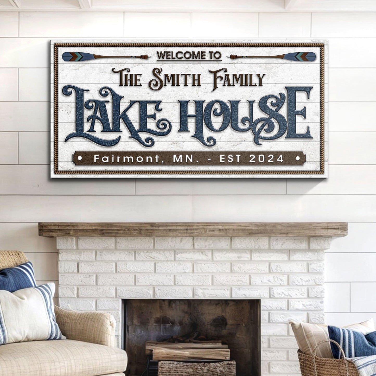 Lake House Sign XII canvas crafting sign with Smith Family Lake House and oar accents on Tampa Home & Garden Store