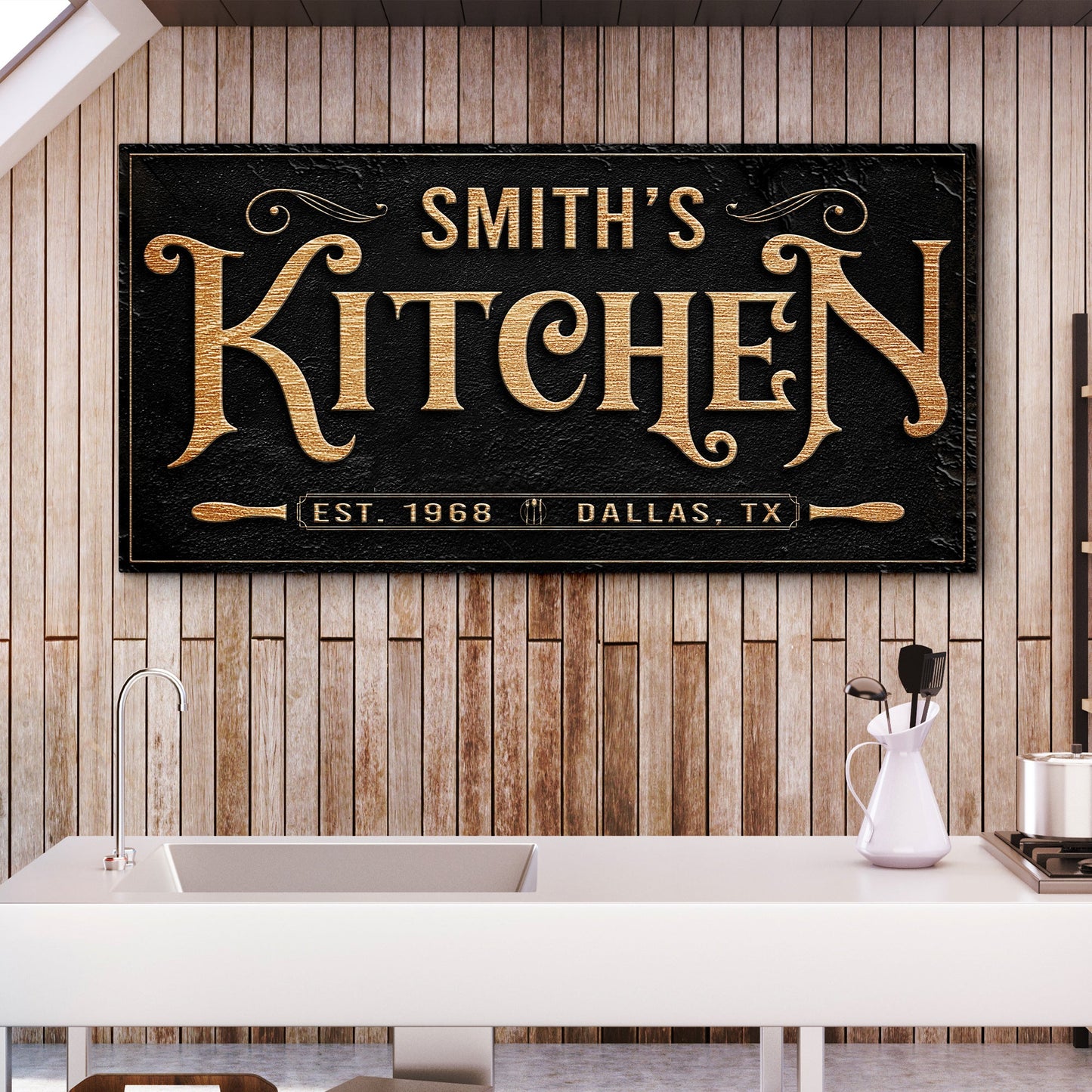 Canvas Kitchen Sign VIII, black plaque with gold Smith's Kitchen lettering on Tampa Home & Garden Store