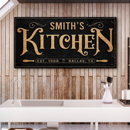 Canvas Kitchen Sign VIII, black plaque with gold Smith's Kitchen lettering on Tampa Home & Garden Store