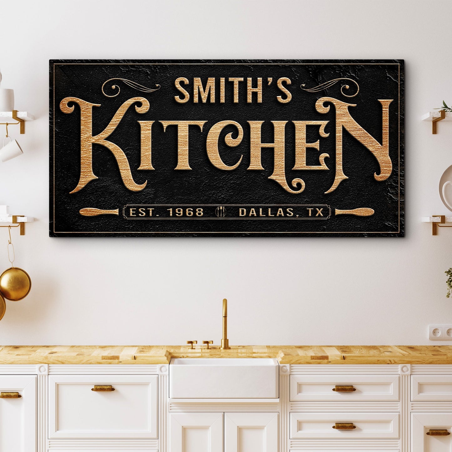 Kitchen Sign VIII canvas by Tailored Canvases, black textured sign with gold KITCHEN lettering on Tampa Home & Garden Store