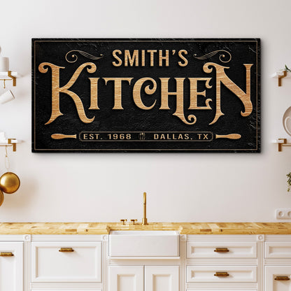 Kitchen Sign VIII canvas by Tailored Canvases, black textured sign with gold KITCHEN lettering on Tampa Home & Garden Store