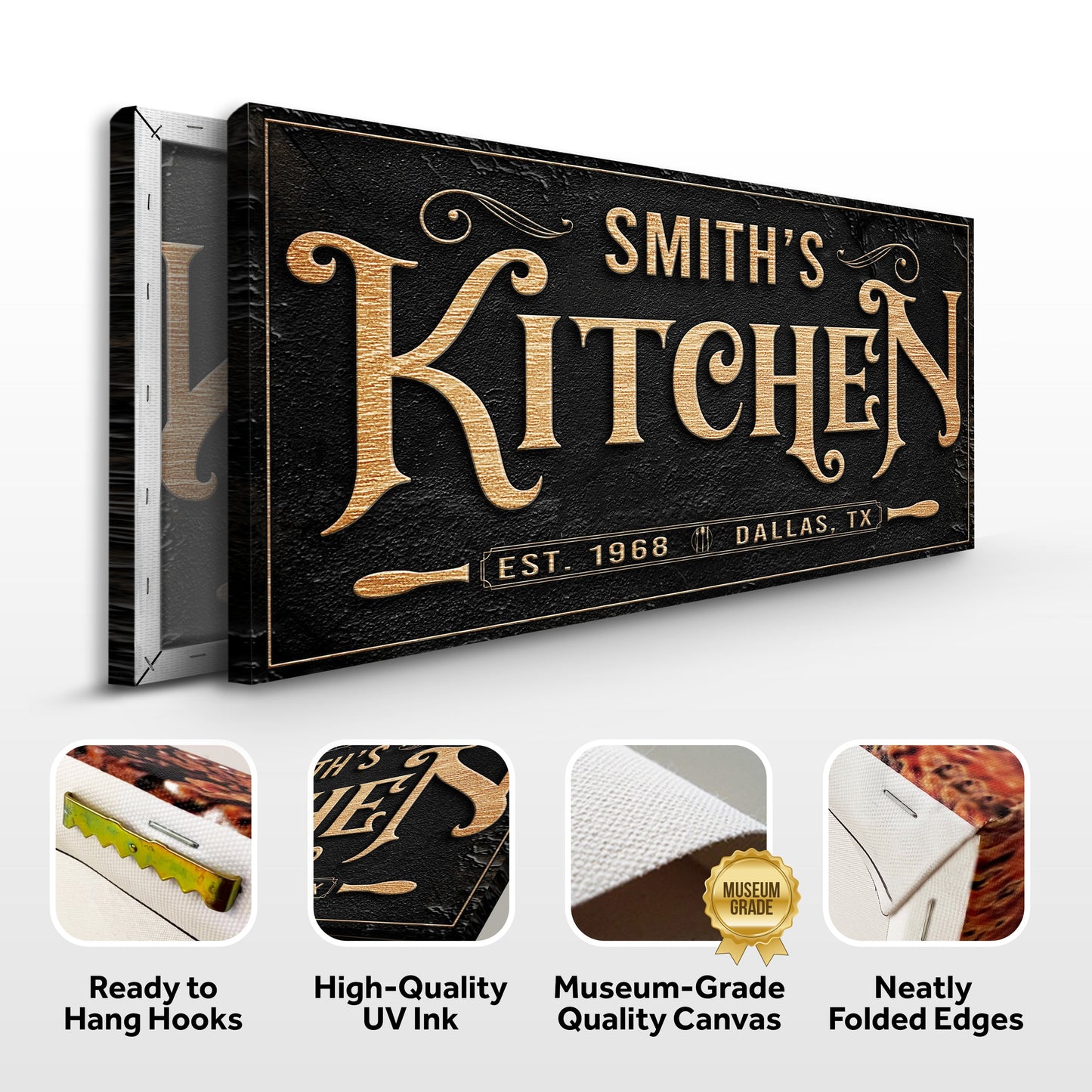 Kitchen Sign VIII canvas by Tailored Canvases, black textured with gold-foil lettering on Tampa Home & Garden Store