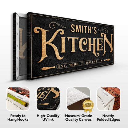 Kitchen Sign VIII canvas by Tailored Canvases, black textured with gold-foil lettering on Tampa Home & Garden Store