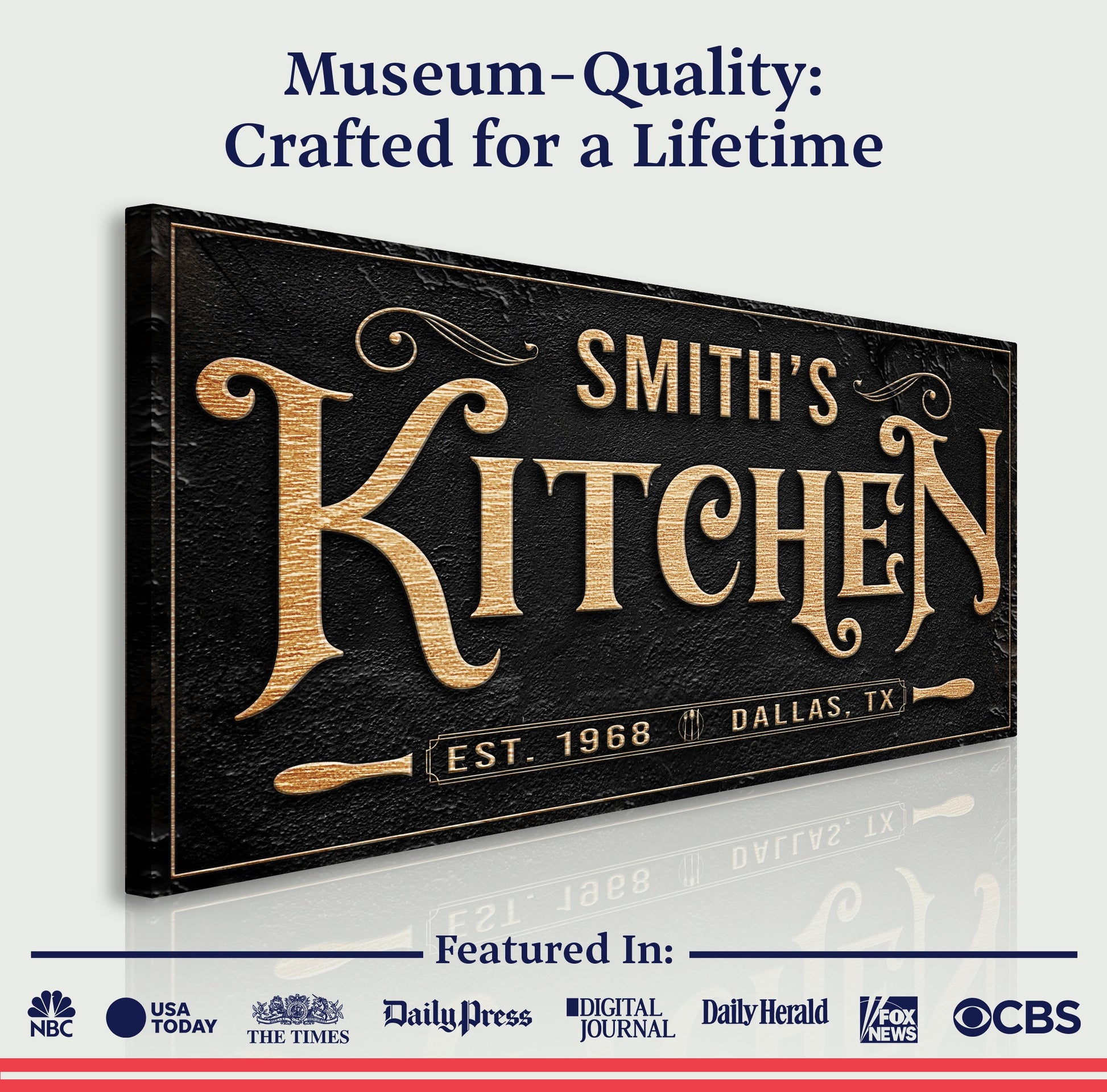 Kitchen Sign VIII canvas by Tailored Canvases with black textured backdrop and copper lettering on Tampa Home & Garden Store