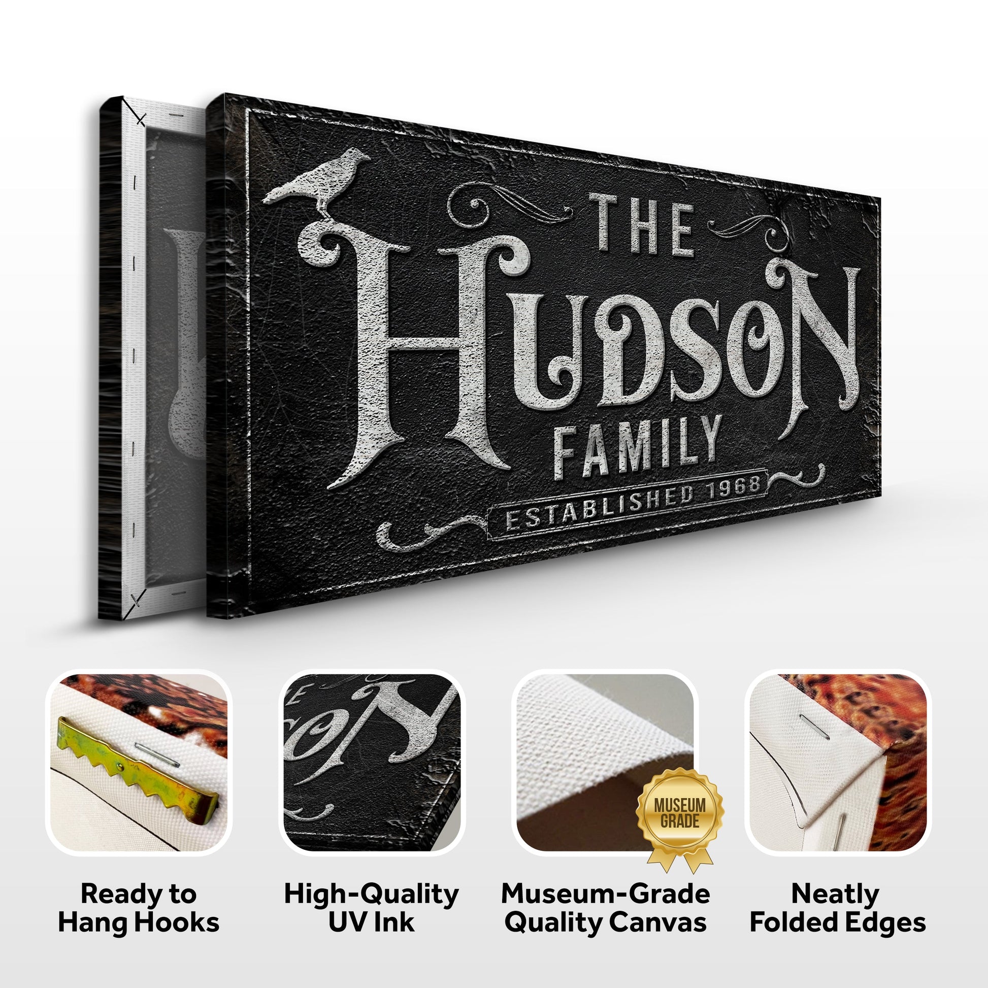 Personalized Gothic Sign IV canvas with black textured surface and raised silver lettering on Tampa Home & Garden Store