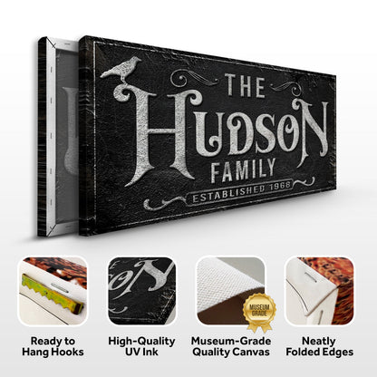 Personalized Gothic Sign IV canvas with black textured surface and raised silver lettering on Tampa Home & Garden Store