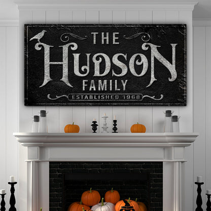 Personalized Gothic Sign IV canvas with The Hudson Family est. 1968 in white lettering on black on Tampa Home & Garden Store