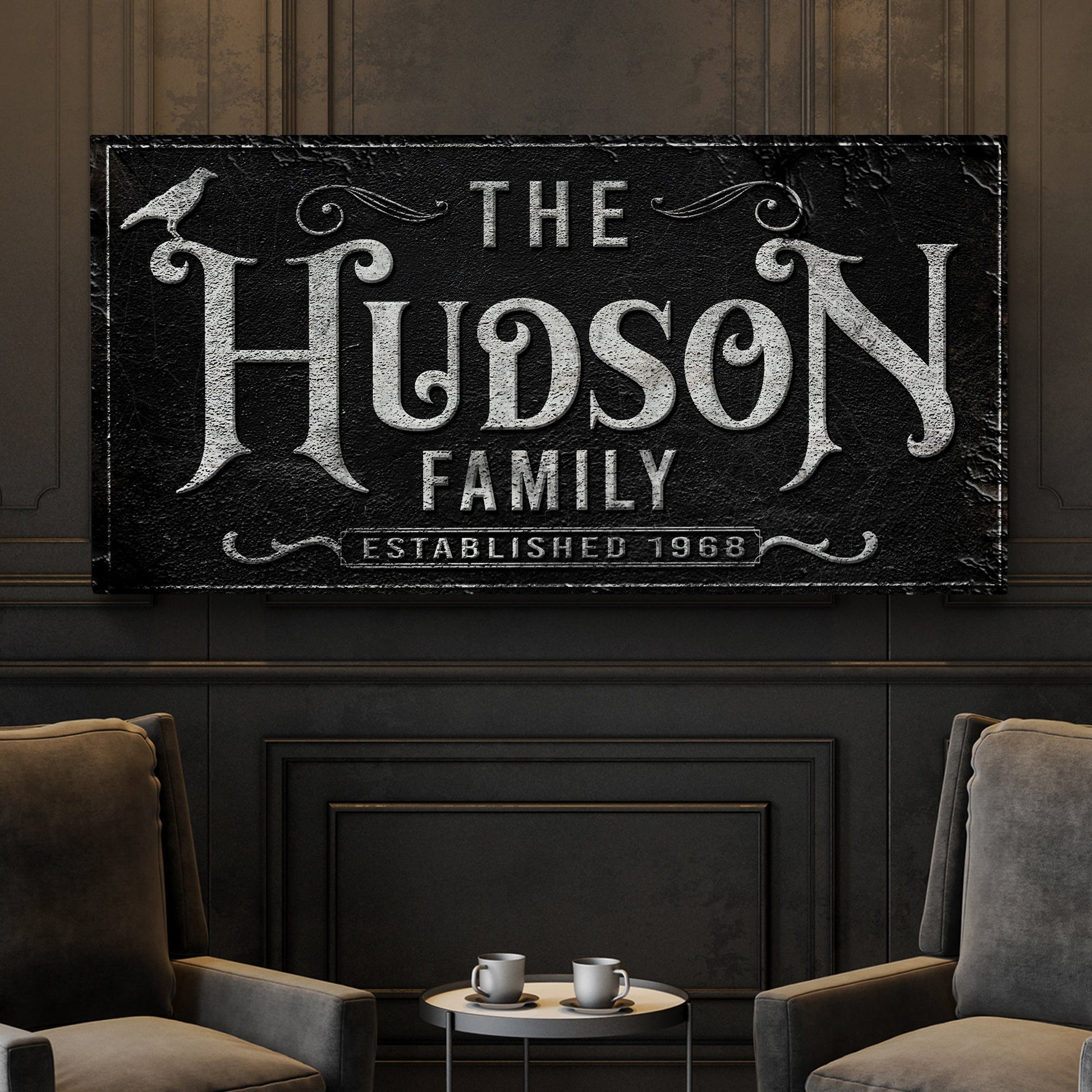 Personalized Gothic Sign IV canvas by Tailored Canvases, black with white lettering Hudson Family on Tampa Home & Garden Store