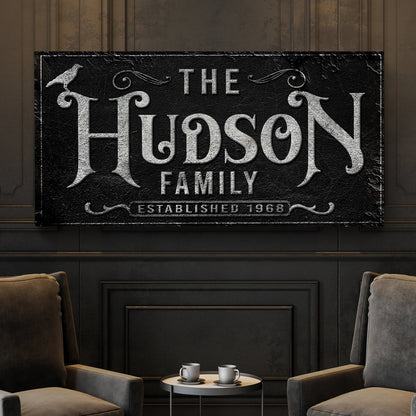 Personalized Gothic Sign IV canvas by Tailored Canvases, black with white lettering Hudson Family on Tampa Home & Garden Store