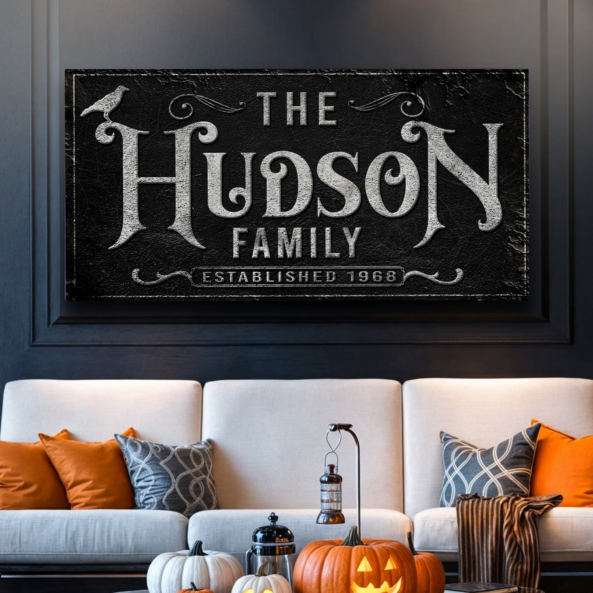 Personalized Gothic Sign IV canvas by Tailored Canvases; black with white distressed lettering on Tampa Home & Garden Store