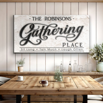 The Gathering Place Personalized Sign canvas with stone and script Tailored Canvases on Tampa Home & Garden Store
