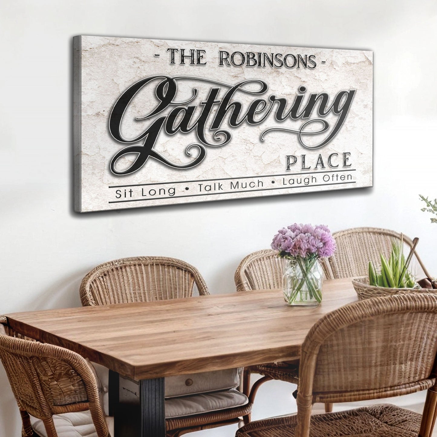 The Gathering Place Personalized Sign canvas by Tailored Canvases with rustic beige texture on Tampa Home & Garden Store