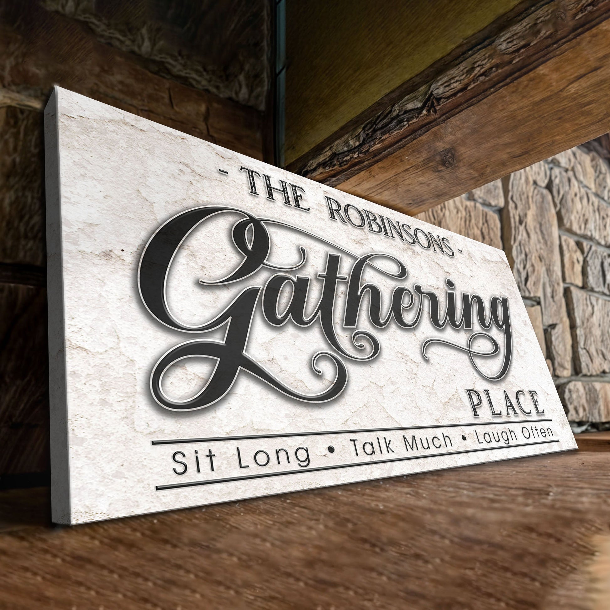 Canvas sign The Gathering Place Sign by Tailored Canvases with marble panel and script on Tampa Home & Garden Store