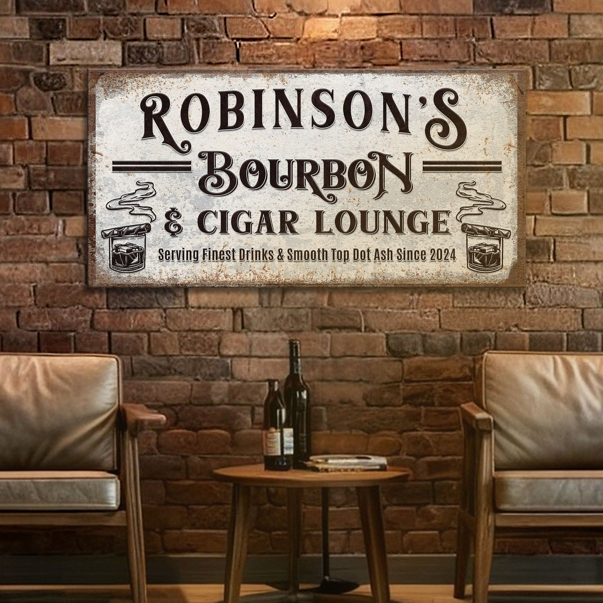 Canvas sign personalized bourbon and cigar bar with distressed finish on brick Tailored Canvases on Tampa Home & Garden Store