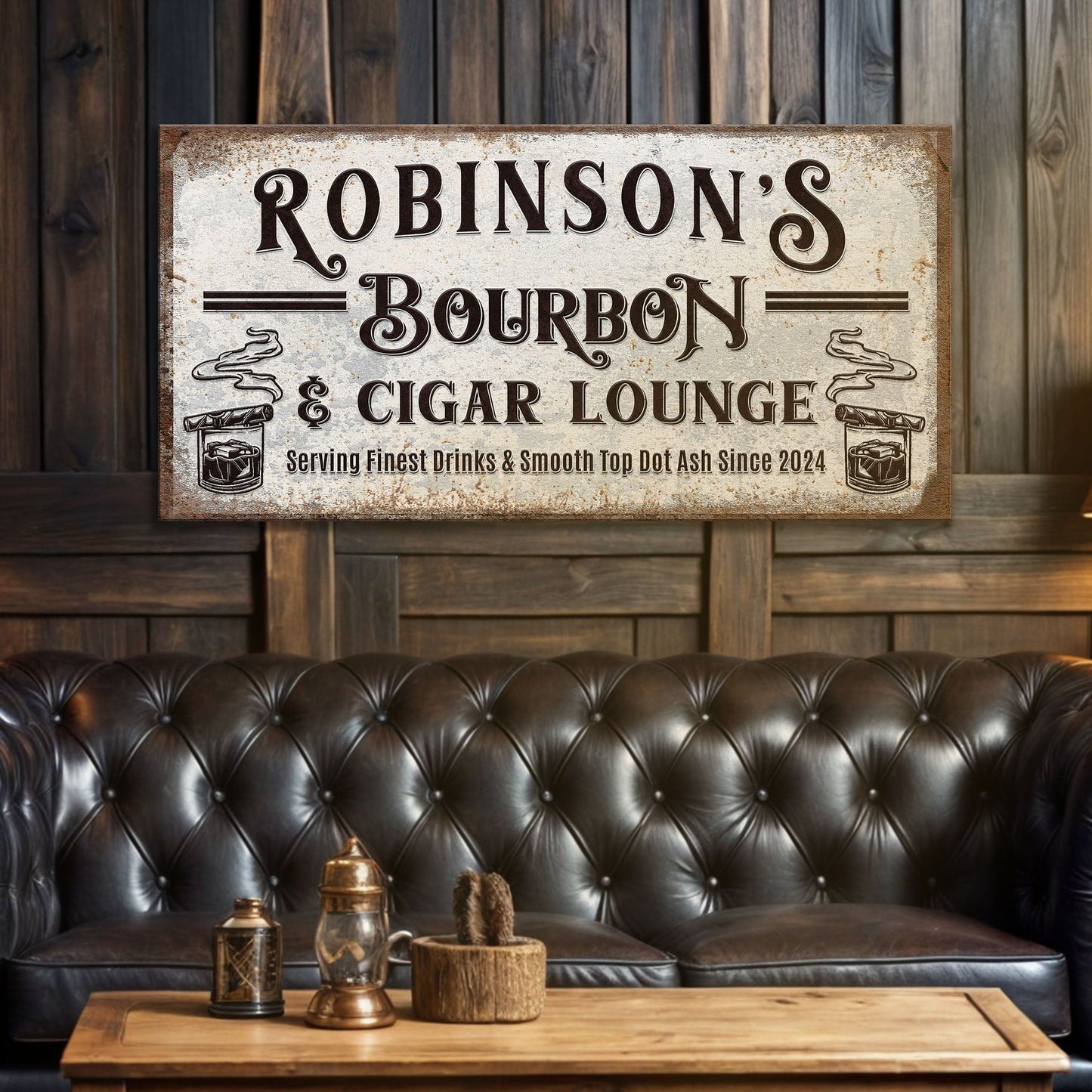canvas sign rustic personalized bourbon and cigar lounge Robinson's Bourbon & Cigar Lounge on Tampa Home & Garden Store