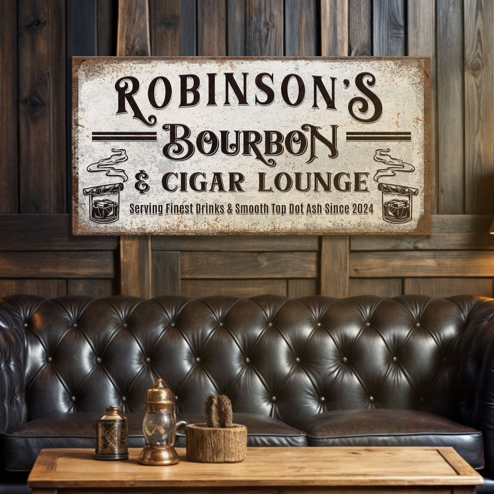 canvas sign rustic personalized bourbon and cigar lounge Robinson's Bourbon & Cigar Lounge on Tampa Home & Garden Store