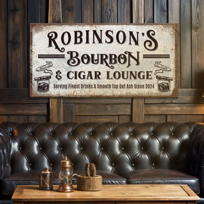 canvas sign rustic personalized bourbon and cigar lounge Robinson's Bourbon & Cigar Lounge on Tampa Home & Garden Store