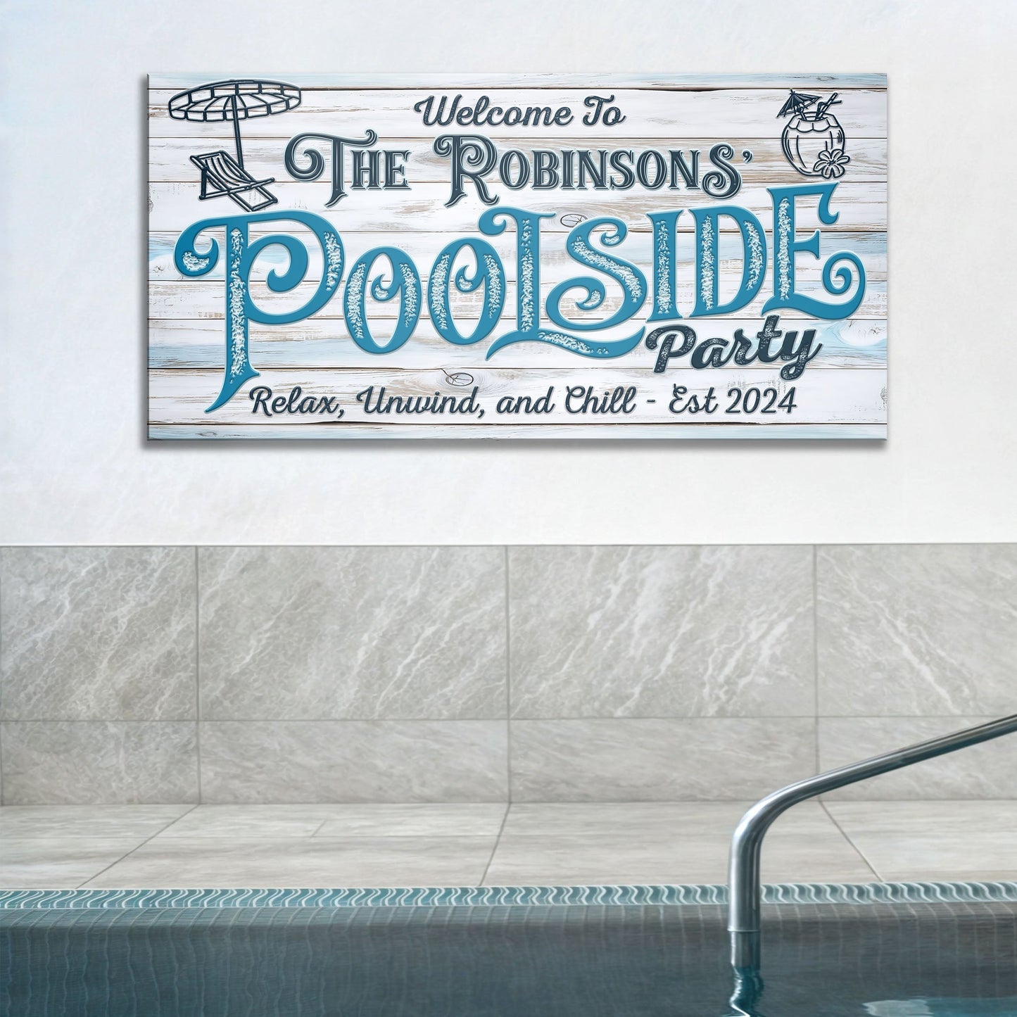Personalized Pool Party Sign canvas with wood backdrop and teal Poolside lettering on Tampa Home & Garden Store
