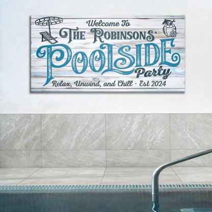 Personalized Pool Party Sign canvas with wood backdrop and teal Poolside lettering on Tampa Home & Garden Store