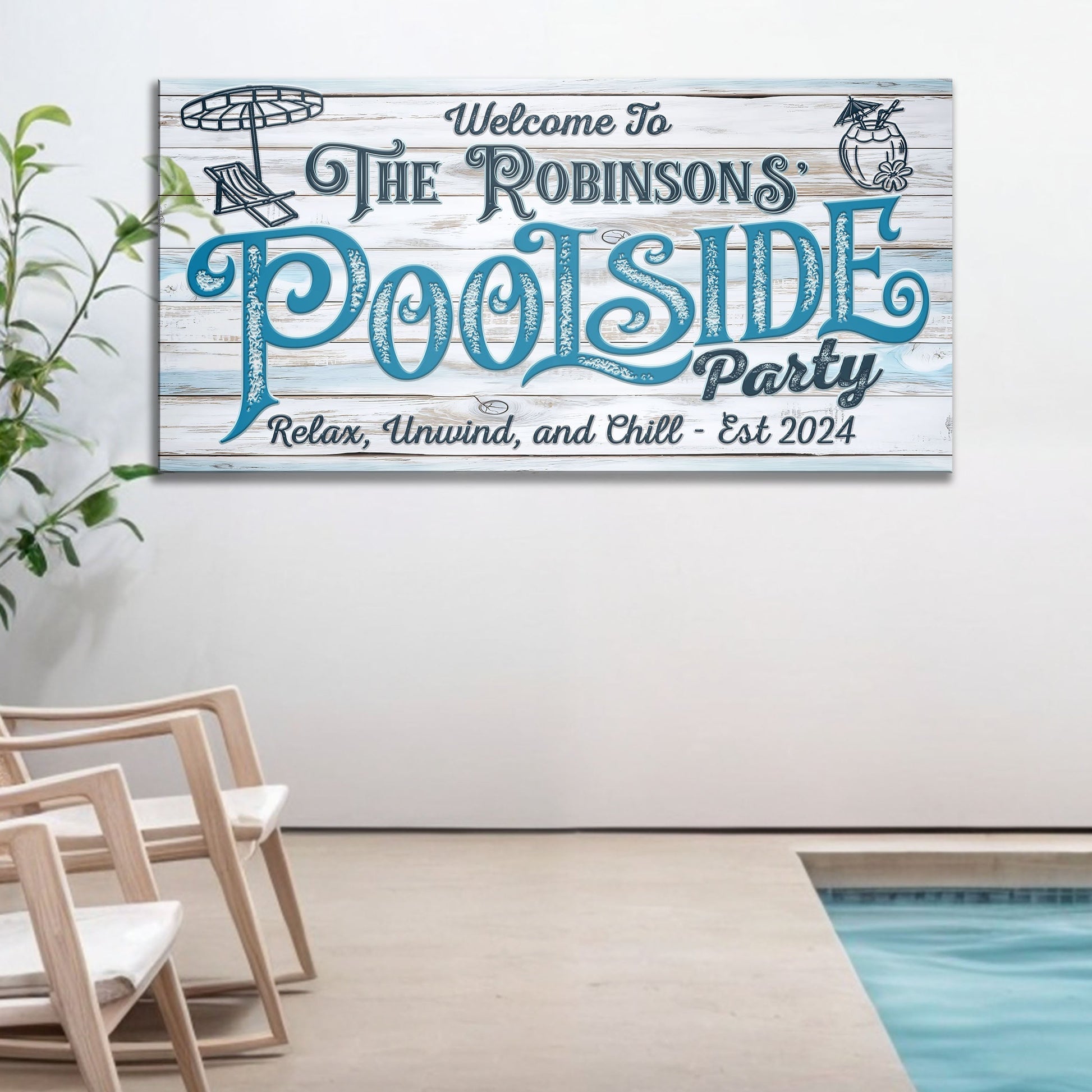 Personalized pool party canvas sign with wood panel and blue lettering Tailored Canvases on Tampa Home & Garden Store