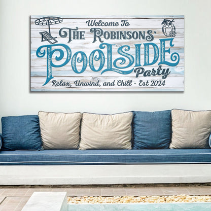 Pool party sign canvas by Tailored Canvases with blue Poolside lettering on white wood on Tampa Home & Garden Store