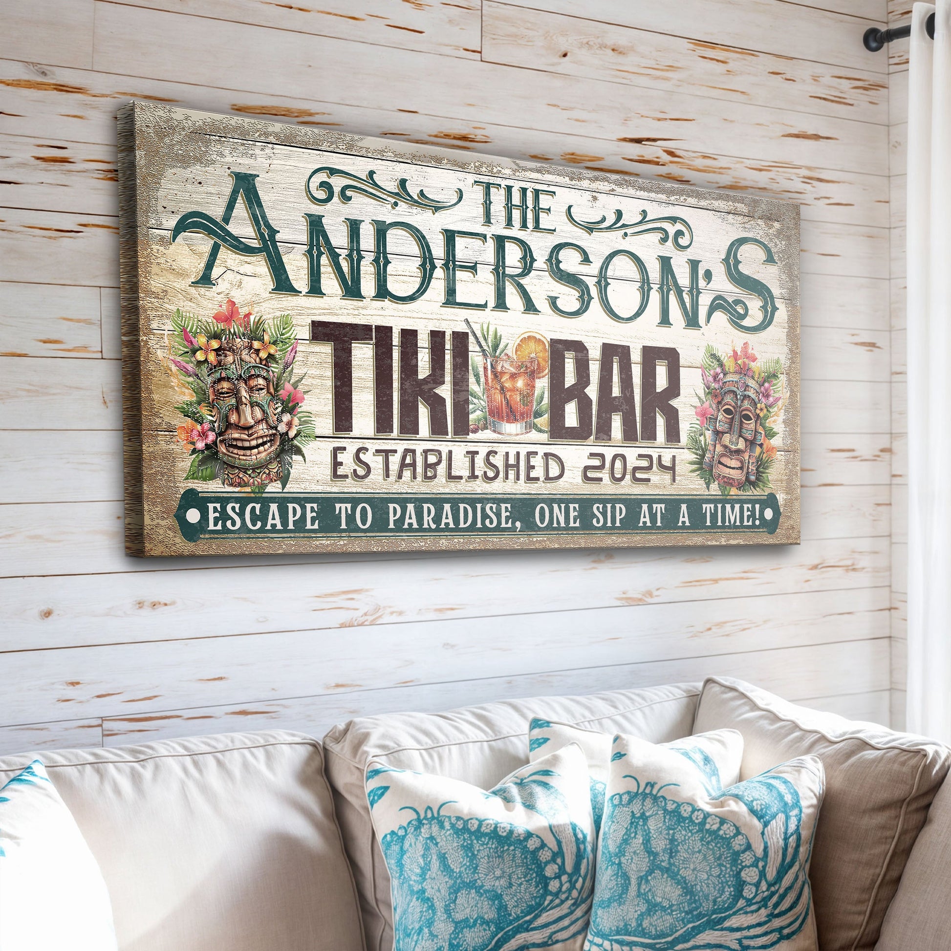 Personalized Tiki Bar Sign III canvas with tropical masks and teal text on Tampa Home & Garden Store
