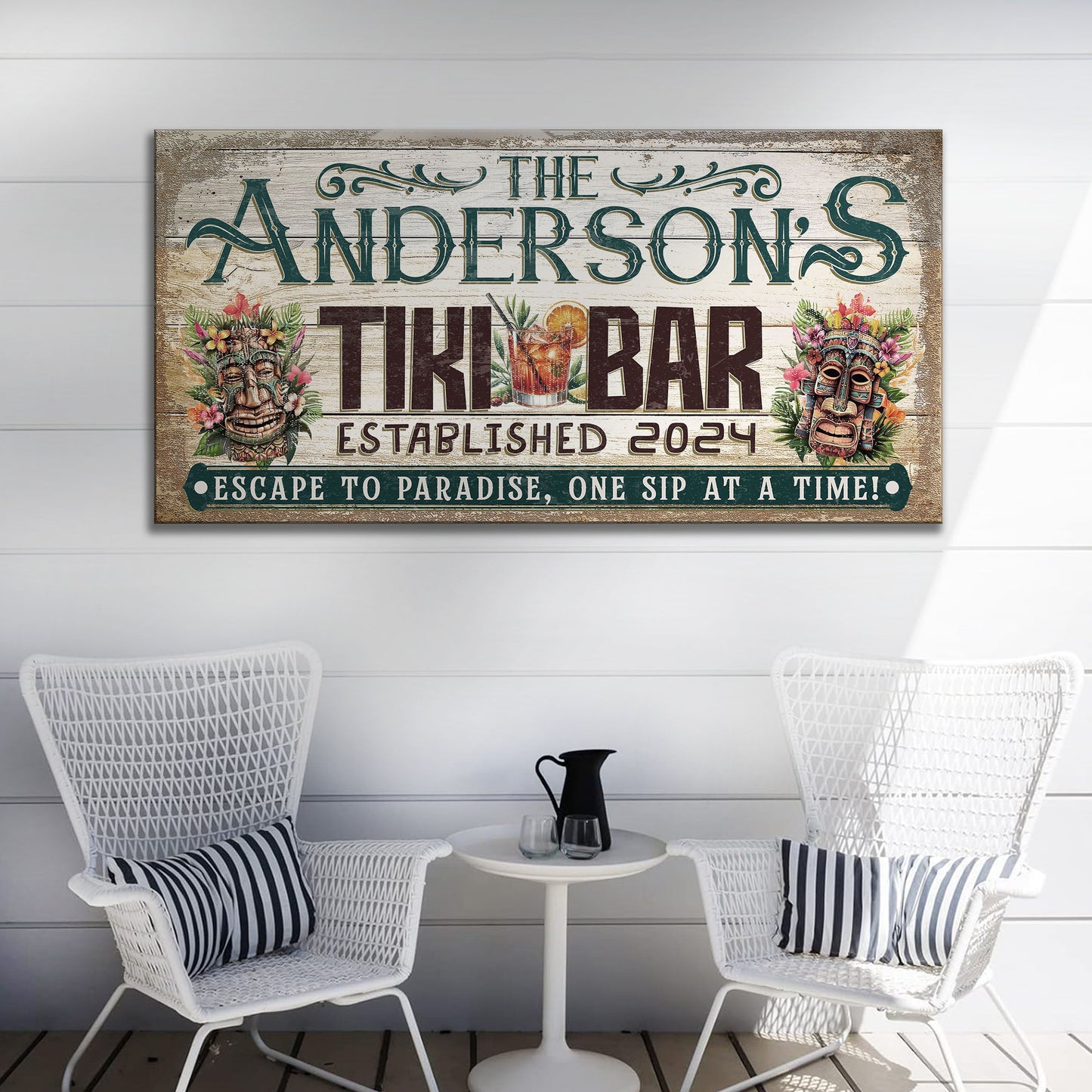 Personalized Tiki Bar Sign III canvas with weathered wood backdrop and tropical masks on Tampa Home & Garden Store