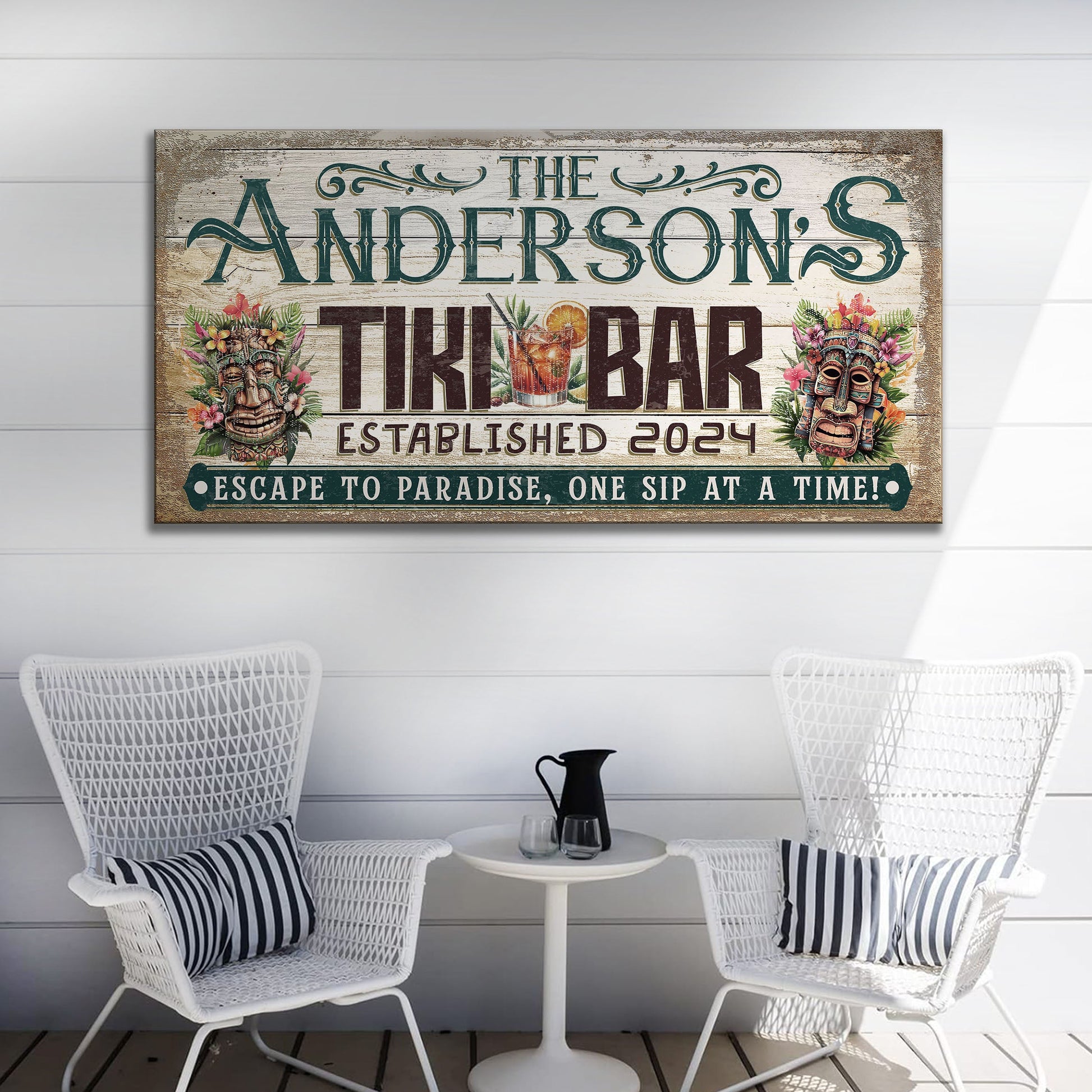 Personalized Tiki Bar Sign III canvas with weathered wood backdrop and tropical masks on Tampa Home & Garden Store