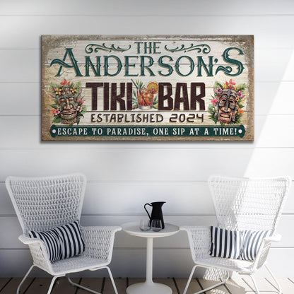 Personalized Tiki Bar Sign III canvas with weathered wood backdrop and tropical masks on Tampa Home & Garden Store