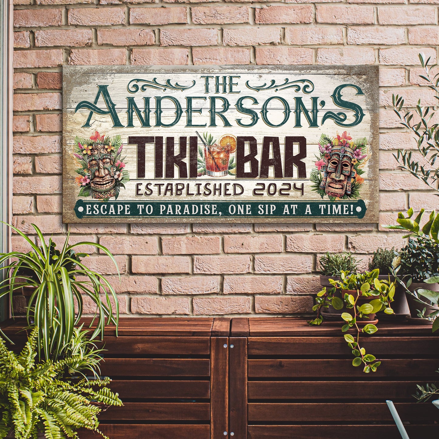 Personalized Tiki Bar Sign III canvas by Tailored Canvases with tiki masks and tropical drink imagery on Tampa Home & Garden Store