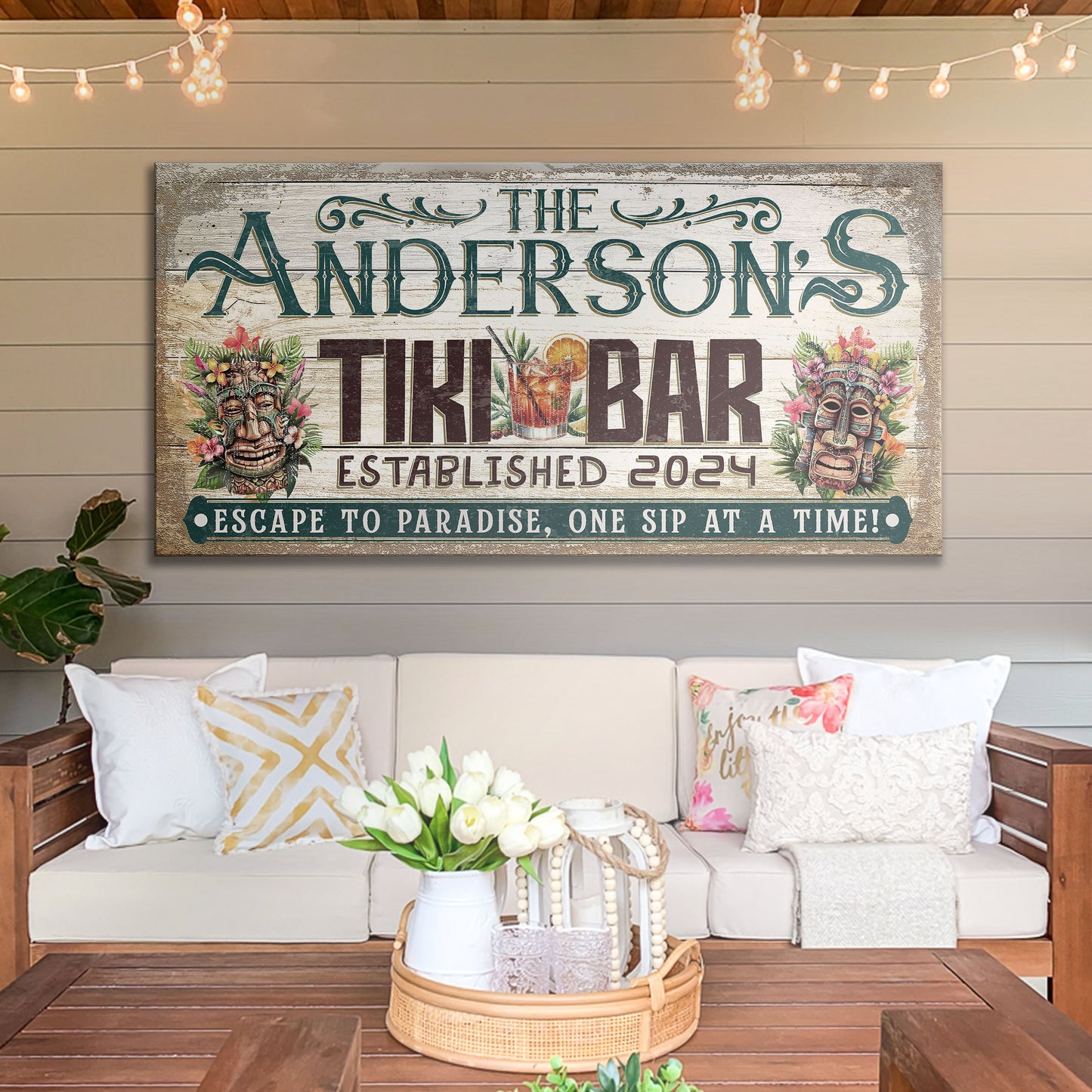 Personalized Tiki Bar Sign III canvas by Tailored Canvases with distressed wood and tiki masks on Tampa Home & Garden Store