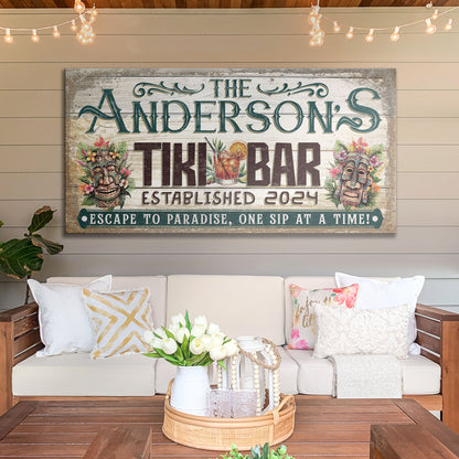 Personalized Tiki Bar Sign III canvas by Tailored Canvases with distressed wood and tiki masks on Tampa Home & Garden Store