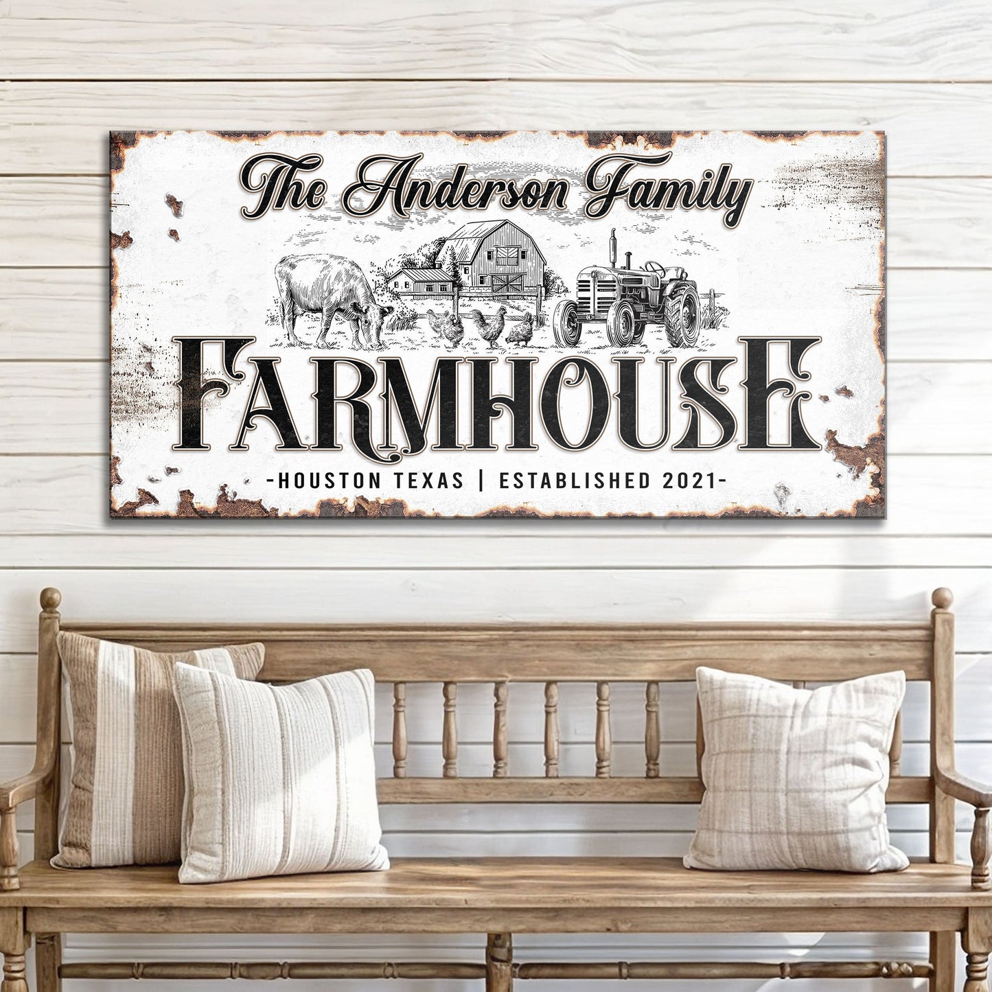 Personalized Farmhouse Sign III canvas by Tailored Canvases with rustic farm scene on Tampa Home & Garden Store