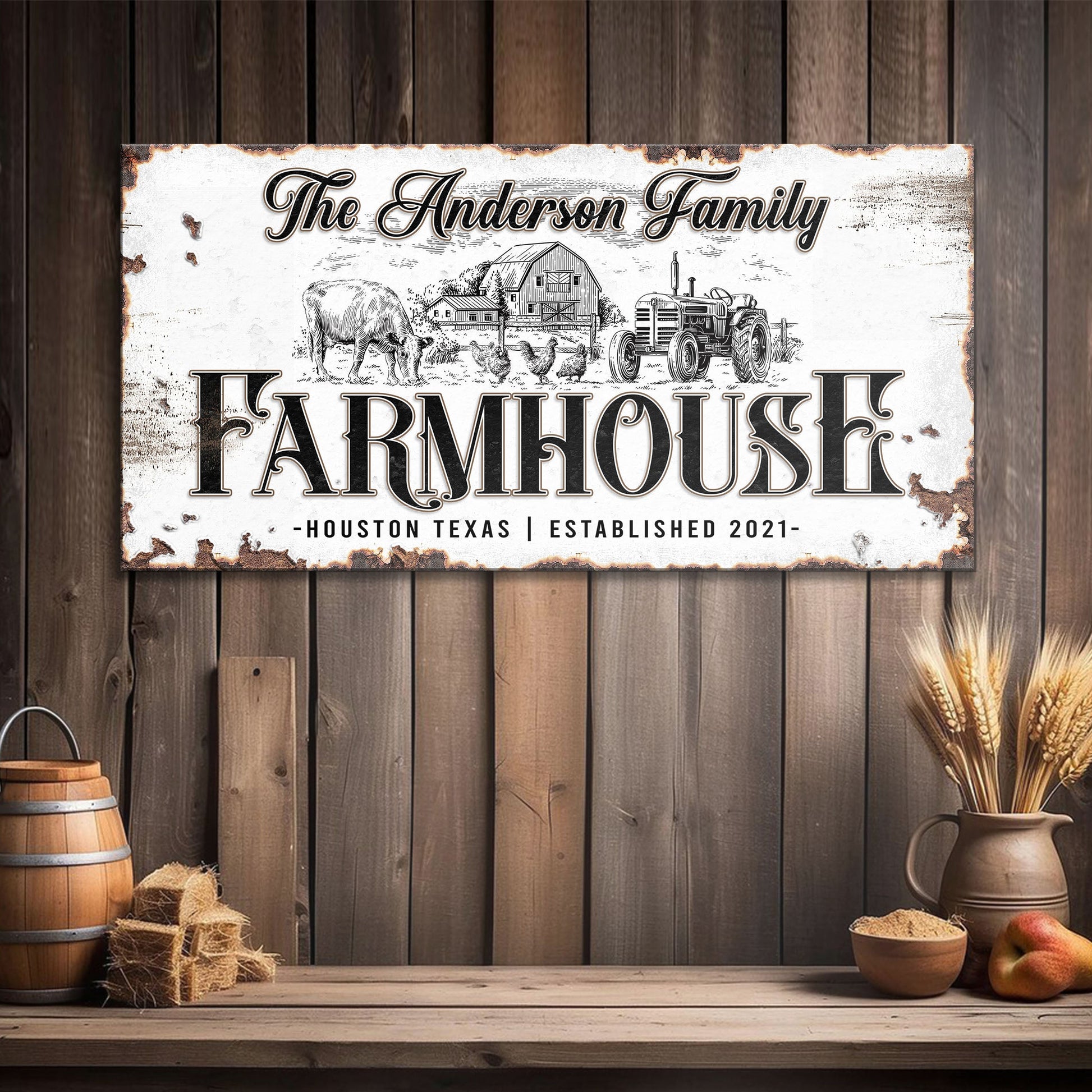 Personalized Farmhouse Sign III canvas by Tailored Canvases on rustic backdrop on Tampa Home & Garden Store