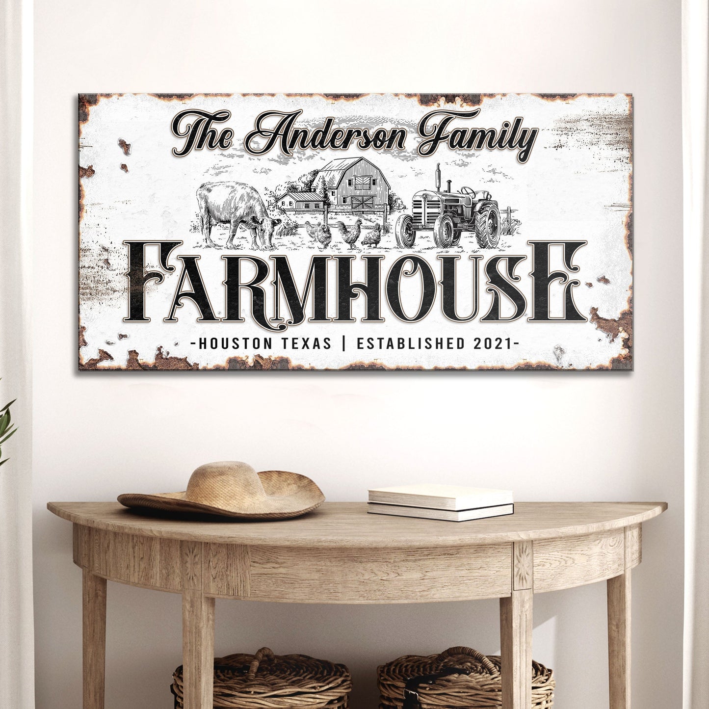 Personalized Farmhouse Sign III canvas by Tailored Canvases with rustic barn scene on Tampa Home & Garden Store