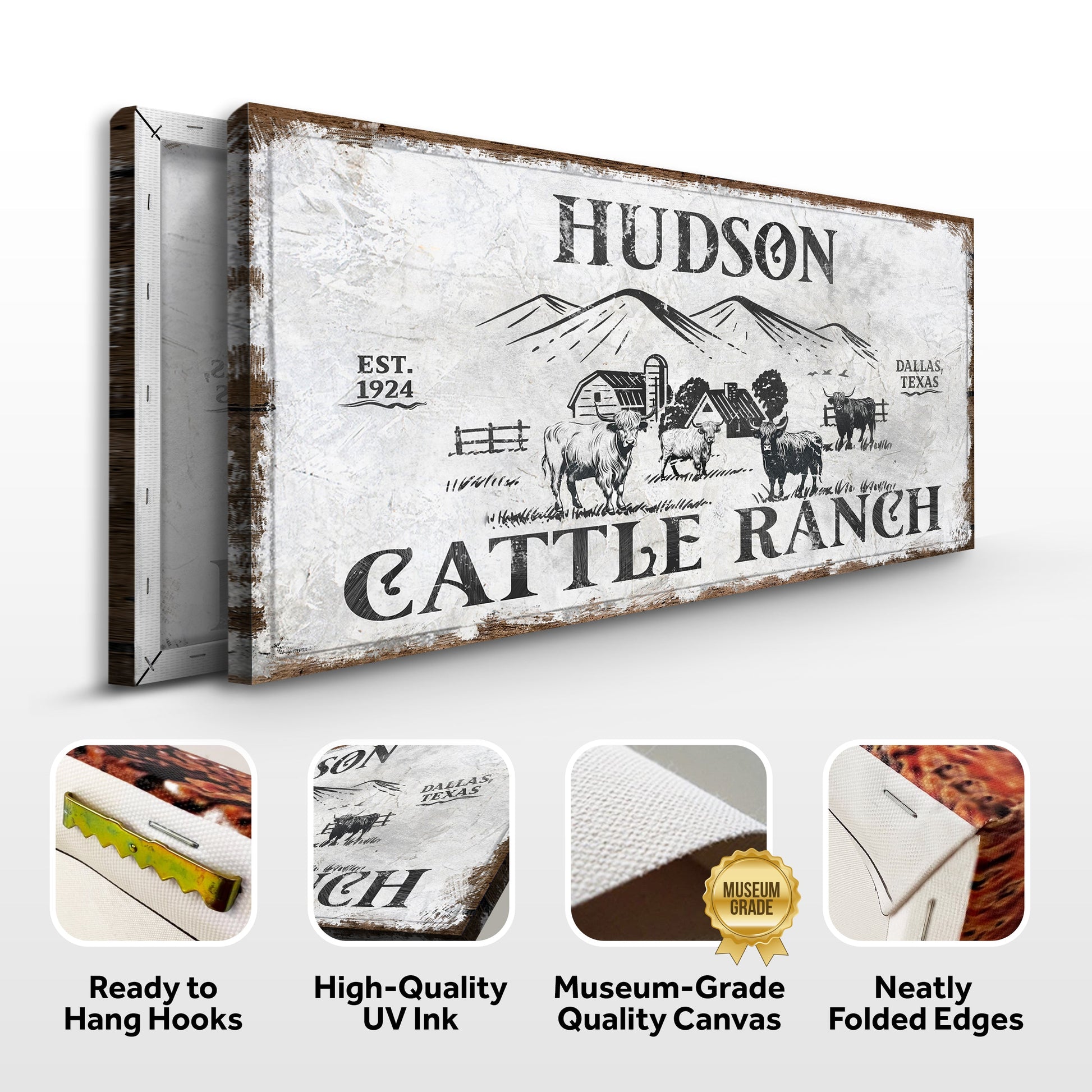 Personalized Highland Cattle Ranch Canvas Sign with rustic finish and mountain cattle scene on Tampa Home & Garden Store
