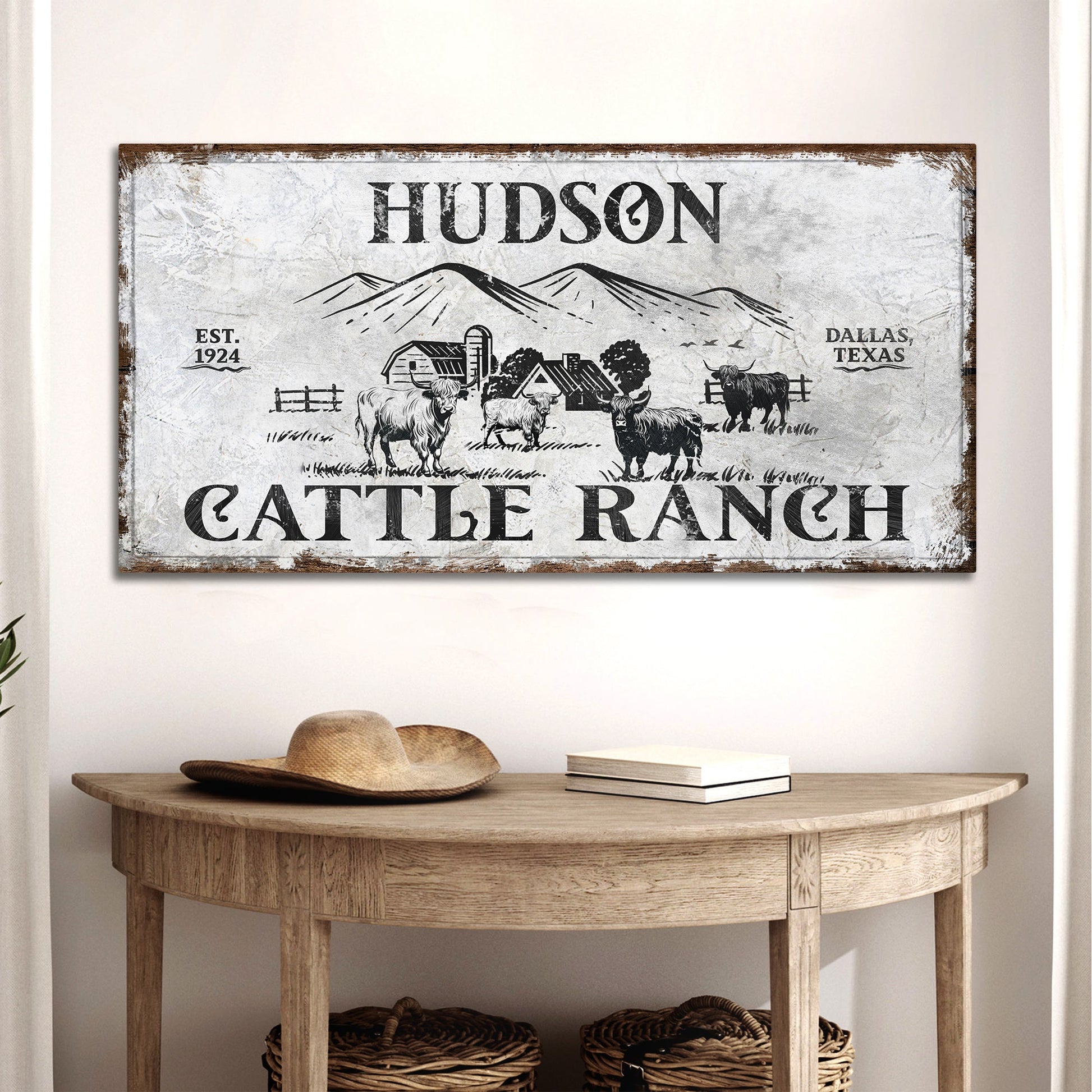 Personalized Highland Cattle Ranch Sign canvas by Tailored Canvases, rustic ranch motif on Tampa Home & Garden Store