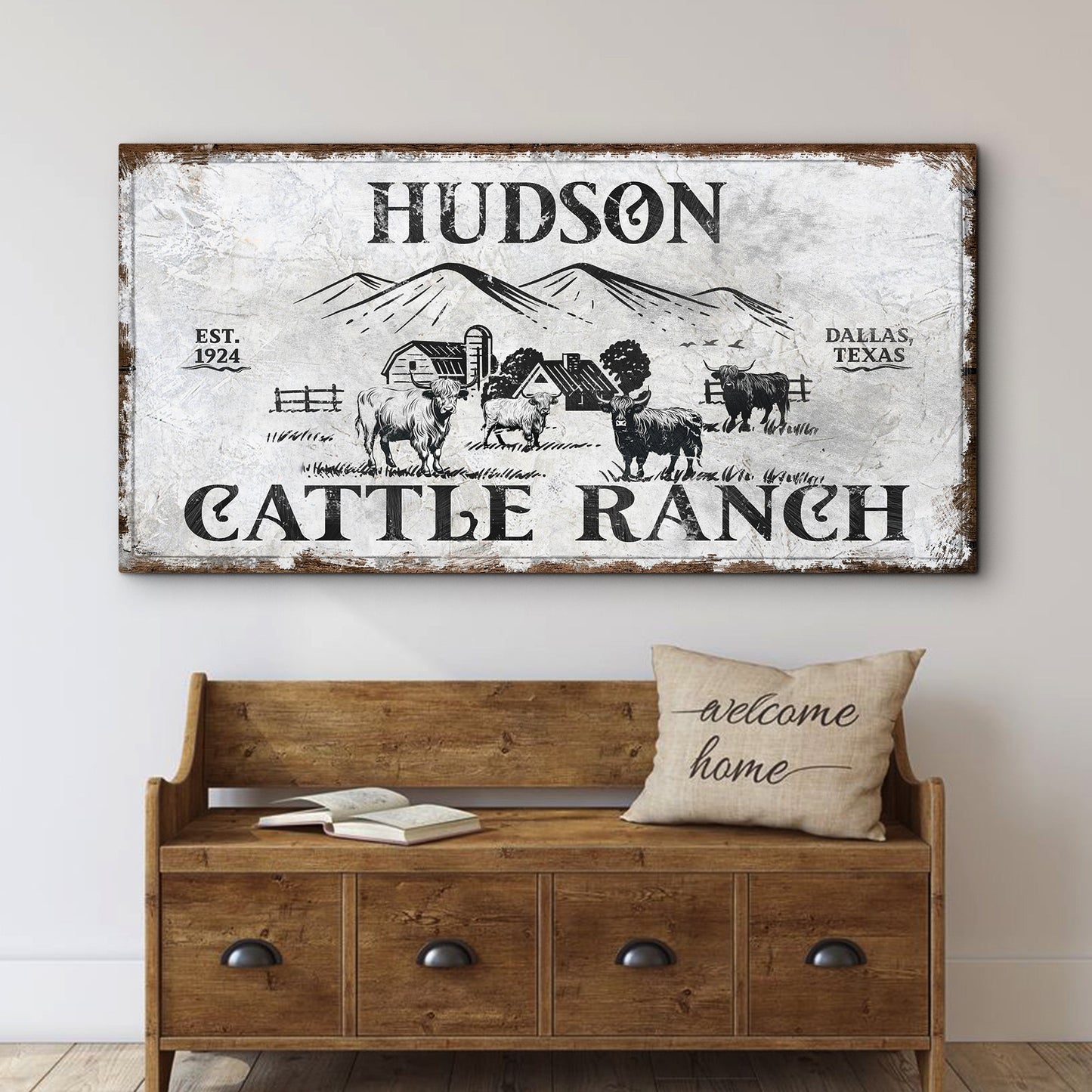 Personalized Highland Cattle Ranch Sign canvas by Tailored Canvases with distressed white finish on Tampa Home & Garden Store